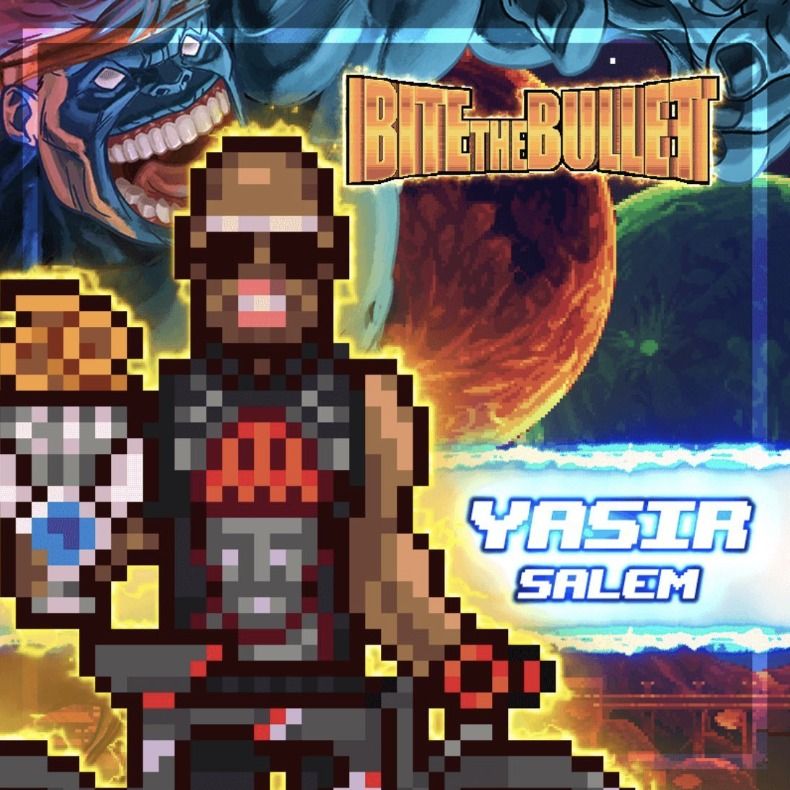 Pixel-art Yasir Salem character from the video game Bite the Bullet, holding a donut trophy