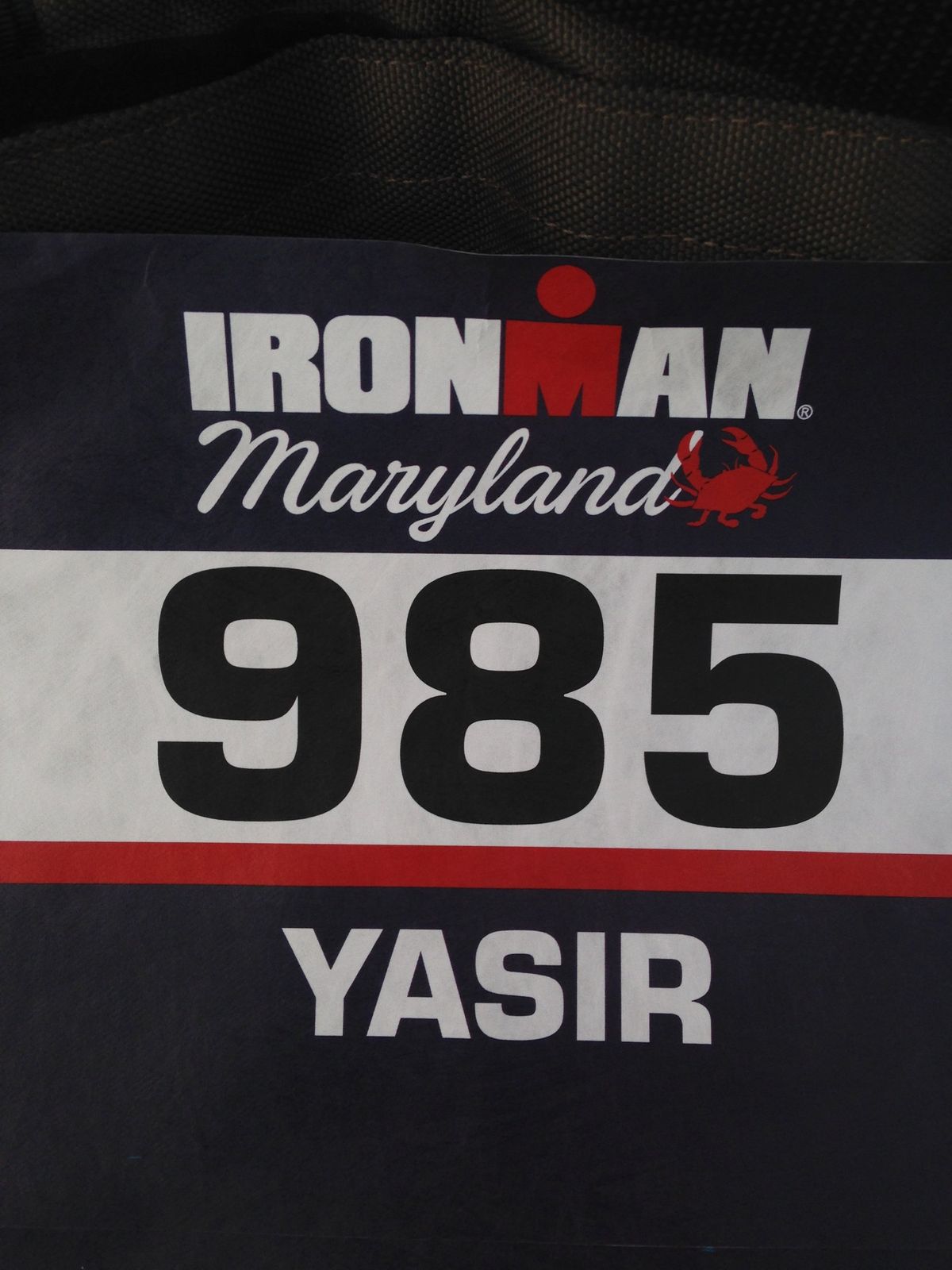 Ironman Maryland race bib number 985 with the name Yasir