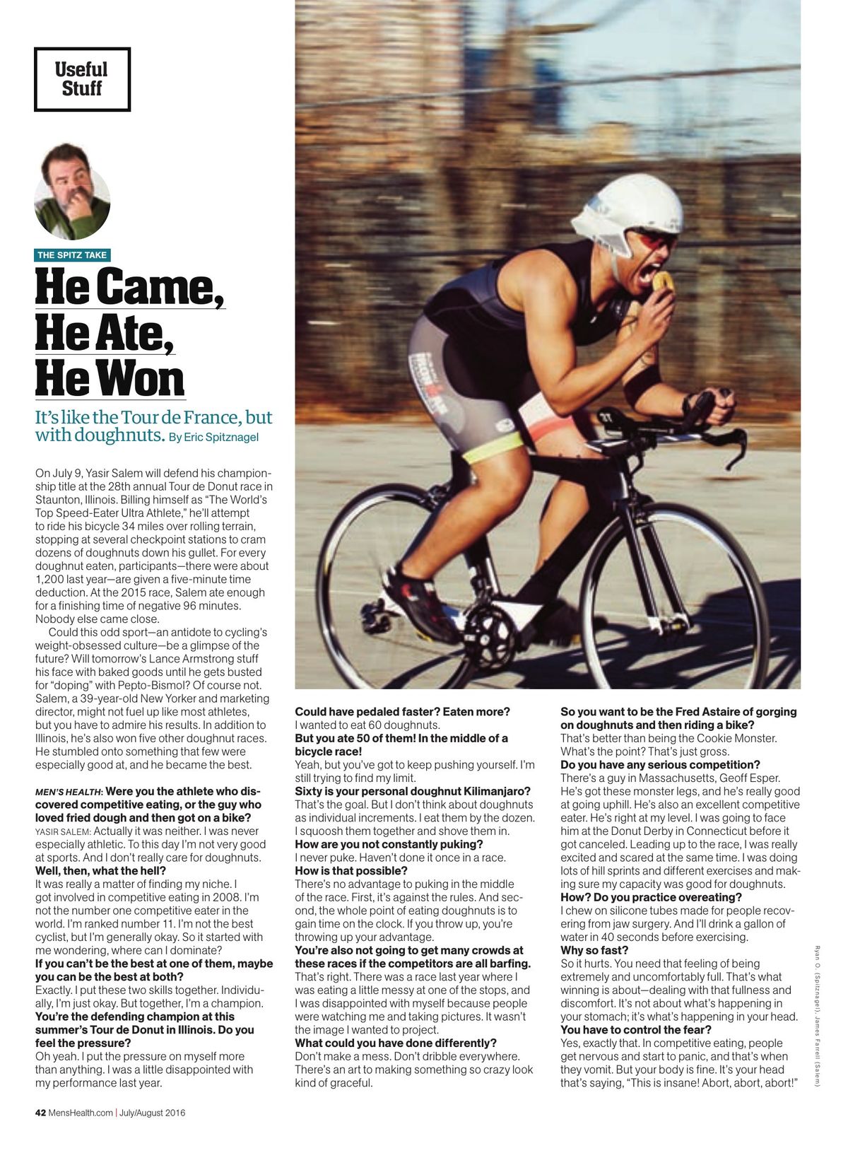 Men's Health page: He Came, He Ate, He Won, Yasir Salem on a bike