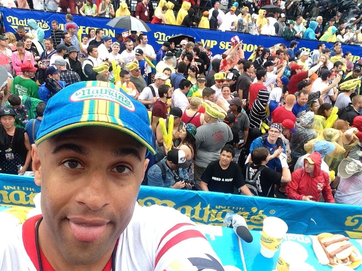 Yasir Salem selfie in front of a huge crowd at Nathan's Famous on July 4