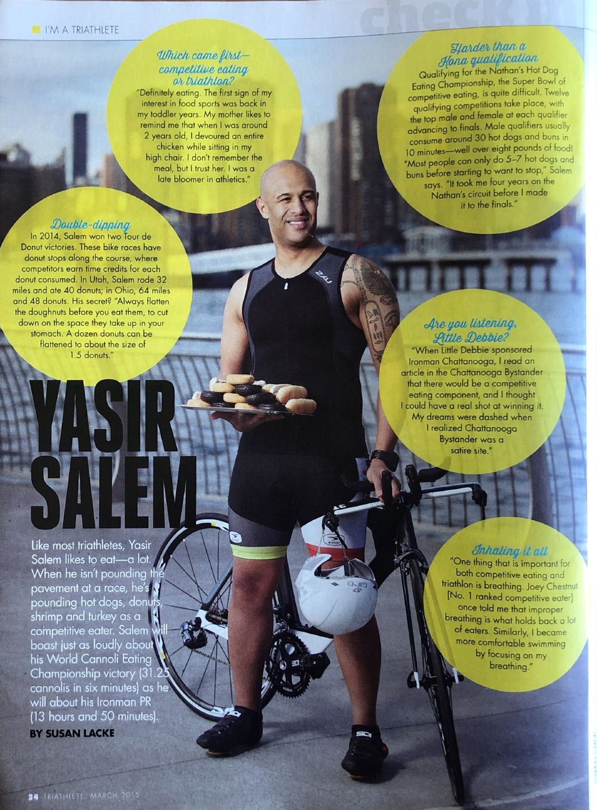 Triathlete page: I'm a Triathlete, Yasir Salem with his bike holding a plate of food